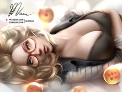 android_18 blonde_hair blue_eyes breasts dragon_ball dragon_ball_z female glasses mumeaw torn_clothes upper_body