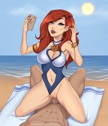 beach blue_eyes cleavage clothing cowgirl_position duo earrings female hair league_of_legends long_hair male miss_fortune ocean on_top one-piece_swimsuit penetration penis pool_party_miss_fortune pussy red_hair satanya sex straight sun swimsuit towel vaginal_penetration video_games