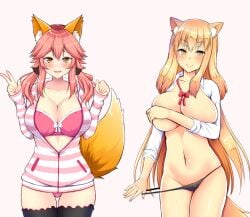 2girls big_breasts black_panties bow bow_bra bra curvy duo fate/extra fate/extra_ccc fate/grand_order fate_(series) female female_only fox_ears fox_girl fox_tail front_view kemonomimi kisaragi_nana light-skinned_female long_hair multiple_girls open_clothes orange_hair panties peace_sign pink_bra pink_hair pink_panties suzuka_gozen_(fate) tamamo_no_mae_(fate) thighhighs thong underwear undressing wide_hips yellow_eyes