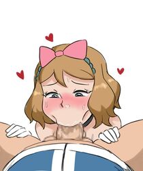 :>= blowjob blush censored fat_man fellatio female oral pokemon reach025 satoshi_(pokemon) serena_(pokemon) showcase_outfit