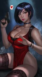 ada_wong ada_wong_(adriana) black_hair capcom choker cleavage dress female female_only firearm gun handgun harness large_breasts resident_evil resident_evil_2 short_hair sitting soffa solo thighhighs weapon