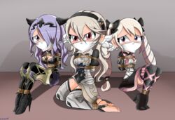 3girls arms_behind_back artist_request barefoot bondage bound bound_ankles bound_arms breasts camilla_(fire_emblem) clothed commission corrin_(fire_emblem) corrin_(fire_emblem)_(female) elf elise_(fire_emblem) female female_only femsub fire_emblem fire_emblem_fates gag gagged hair_over_one_eye high_heels kneeling multiple_girls multiple_subs over_the_nose_gag rope rope_bondage tied_up