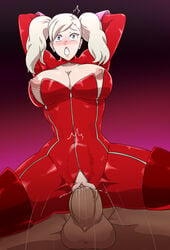 1boy ann_takamaki atlus blonde_hair blue_eyes bodysuit breasts breasts_out cowgirl_position female human large_breasts large_penis lexorez male megami_tensei pale_skin penis persona persona_5 phantom_thief_suit precum rape sega shocked stomach_bulge tears vaginal veiny_penis zipper