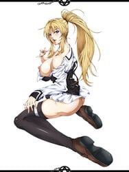 academy_uniform_(bible_black) ass bangs bare_shoulders bible_black blonde_hair breasts brown_eyes brown_footwear clothing commentary_request female from_side high_ponytail large_breasts nipples off_shoulder official_art open_mouth saeki_kaori school_uniform seiza sideboob sidelocks sitting thighhighs topless uniform user_gvtp7744