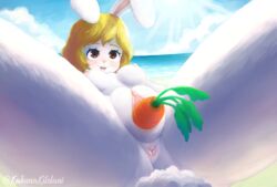 anus beach blush breasts carrot_(one_piece) dildo female female_only fur hair hi_res kahunakilolani lagomorph mammal masturbation minkmen_(one_piece) nipples nude one_piece outside penetration pussy pussy_grip seaside sex_toy solo spread_legs spreading white_fur