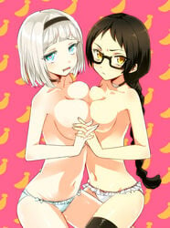 2girls anna_nishikinomiya aqua_eyes asymmetrical_docking banana bangs bare_arms bare_shoulders between_legs black-framed_eyewear black-framed_glasses black_hair black_hairband black_legwear blunt_bangs braid breast_press breasts choker cleavage closed_mouth collarbone eyebrows_visible_through_hair female female_only food fruit glasses hairband hand_holding heart heart-shaped_pupils human human_only interlocked_fingers jewelry kajou_ayame large_breasts long_hair looking_at_viewer medium_breasts multiple_females multiple_girls mutual_yuri navel neck necklace open_mouth panties piiman_(mpkmpkmpk) pink_background semi-rimless_glasses serious shimoneta_to_iu_gainen_ga_sonzai_shinai_taikutsu_na_sekai short_hair silver_hair symbol-shaped_pupils thighhighs topless yellow_eyes yuri