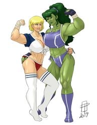 2019 2girls abs avengers biceps big_breasts biting_own_lip blonde_hair blue_eyes busty callmepo cleavage crop_top crossover dc dc_comics female female_only fingerless_gloves flexing flexing_bicep giant_breasts gloves green-skinned_female green_eyes green_hair green_skin hand_on_ass huge_breasts hulk_(series) imminent_sex justice_league kara_zor-l karen_starr licking_own_lips long_hair marvel marvel_comics muscles muscular muscular_female navel panties ponytail she-hulk sports_bra superman_(series) thick_thighs thigh_socks thighs thong tied_hair tongue workout_clothes yuri