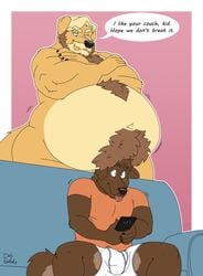 2019 anthro anthro_on_anthro beard belly belly_overhang blush body_hair bulge canid canine canis cellphone chest_hair clothing crossed_arms dialogue domestic_dog duly_(character) duly_noted duo english_text facial_hair hi_res male mammal moustache navel nude overweight overweight_male penis_outline phone shirt sitting sofa speech_bubble stomach_hair text tongue tongue_out underwear yaoi