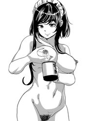 breasts chicken_(artist) lactating_into_cup maid_cap milk navel nipples nude smile