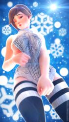 3d blender curvy effectsmaster231 looking_down mei_(overwatch) overwatch pulling sweater sweater_tug thick_thighs thighhighs viewed_from_below virgin_killer_sweater