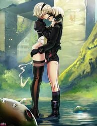 1boy andava ass_grab black_footwear blindfold clothed clothed_sex cum cum_on_thighs day duo ejaculation erection female female_protagonist femdom french_kiss gentle_femdom height_difference highres kissing leotard long_legs male nier nier:_automata outdoors penis post-apocalyptic projectile_cum romantic saliva saliva_trail sheer_legwear short_hair silver_hair standing straight thigh_boots thigh_sex thighhighs thighhighs_under_boots tongue tongue_out yorha_2b yorha_9s