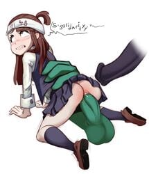 1girls 2boys ahe_gao akko_kagari anus arm_support ass atsuko_kagari black_legwear black_skirt blush brown_eyes brown_hair clenched_teeth commission cuff_links disembodied_penis female highres kagari_atsuko kneehighs little_witch_academia long_hair long_sleeves multiple_boys no_panties penis polyle pussy_juice sex shiny shiny_skin shoe_soles shoes simple_background skirt straight teeth testicles vaginal_penetration white_background