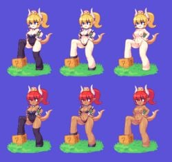 2019 big_breasts blonde_hair blue_eyes bowsette breasts chibi clothed clothing crown female genderswap hair horn humanoid low_res mario_(series) new_super_mario_bros._u_deluxe nintendo nipples noscium nude pixel_art pointy_ears pussy red_bowsette red_eyes red_hair super_crown tan_skin video_games