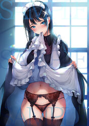 biting black_bow blue_eyes blue_hair blush bow dark_blue_hair dress dress_lift eyes_visible_through_hair female garter_belt garter_straps gradient gradient_hair hair_ornament holding holding_dress lens_flare long_hair maid maid_headdress multicolored_hair navel original pussy pyon-kichi sample see-through solo standing thighhighs window