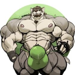 1boy anthro beard big_bulge bulge canid canine canis clothing facial_hair fingerless_gloves george_(yuri)_kuznetsov gloves huge_muscles male male_focus male_only mammal muscular muscular_male oldshep pecs solo standing sweat underwear wolf