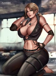 1girls 2d big_breasts breasts cleavage female female_only flowerxl large_breasts looking_at_viewer mortal_kombat pinup sitting_on_soles solo sonya_blade