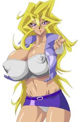 1girls belly beltskirt big_breasts blonde_hair erect_nipples female female_only gigantic_breasts huge_breasts konami leaning_to_the_side long_hair mai_valentine panties posing purple_eyes purple_skirt skirt solo tight_clothing upskirt voluptuous white_panties yu-gi-oh! yu-gi-oh!_duel_monsters zahkey