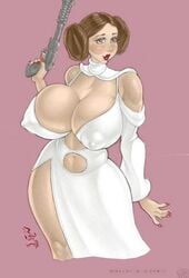 1girls a_new_hope big_breasts bimbo blaster breasts brunette busty cleavage defender_sporting_blaster_pistol eyeshadow hair_buns hourglass_figure lipstick milf nail_polish nipple_bulge princess_leia_organa rinaldi rsterling star_wars voluptuous white_dress