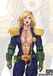 1girls badge blonde_hair blue_eyes breasts cassandra_anderson female female_only judge_anderson judge_dredd_(franchise) medium_breasts muscular muscular_female police_uniform policewoman solo suppa-rider veins