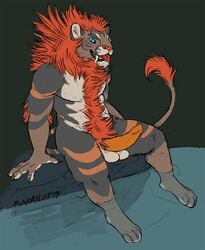 2019 anthro balls blue_eyes body_hair erection fangs felid feline fur happy_trail hybrid liger lion male male_only mammal mane mongrelist nude open_mouth orange_fur orange_penis pantherine partially_submerged penis sabertooth_(feature) simple_background sitting solo tapering_penis water