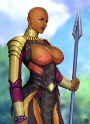 1girls african african_female armor artist_signature bald black_panther_(series) breasts cleavage dark-skinned_female dark_skin darkeyez07 deviantart female female_only female_warrior huge_breasts human marvel marvel_cinematic_universe necklace okoye solo_female spear wakandan warrior