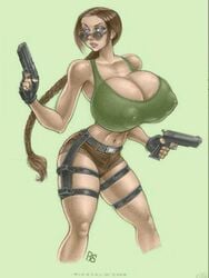 1girls big_breasts big_butt bimbo breasts brown_hair brunette bursting_breasts busty cleavage eyeshadow guns holster holster_garter hourglass_figure huge_breasts hyper_bimbo lara_croft lara_croft_(classic) lipstick looking_over_eyewear looking_over_glasses looking_over_sunglasses makeup muscles muscular_female nipple_bulge ponytail_braid puffy_nipples rinaldi rsterling sunglasses thick_thighs tinted_eyewear tomb_raider voluptuous weapon