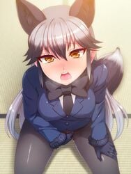 animal_ears bangs black_bow black_gloves black_hair black_neckwear blue_jacket blush bow bowtie breasts clothed_masturbation clothing drooling erect_nipples eyebrows_visible_through_hair female fox_ears fox_girl fox_tail fur-trimmed_sleeves fur_trim gloves gradient_hair hair_between_eyes hand_on_own_thigh jacket kemono_friends long_hair long_sleeves looking_at_viewer masturbation masturbation_through_clothing medium_breasts multicolored_hair necktie no_pants nose_blush on_floor open_mouth pussy_juice round_eyewear saliva sidelocks silver_fox_(kemono_friends) silver_hair sitting solo tail tatami tears totokichi upper_teeth very_long_hair