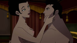 1boy 1girls batman:_gotham_by_gaslight batman_(series) black_hair breasts bruce_wayne catwoman dc_comics dcuaom edit female green_eyes lipstick male nipples nude open_mouth romantic_couple screenshot screenshot_edit selina_kyle short_hair smile straight teeth tied_hair unknown_artist