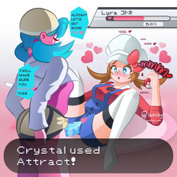 2girls ass attract_(pokemon_move) breasts clothed dildo english_text female female_only gameplay_mechanics hanshyn heart heart-shaped_pupils hud kris_(pokemon) lyra_(pokemon) multiple_girls no_shoes pokemon pokemon_battle pokemon_gsc pokemon_hgss pokemon_move sex_toy strap-on text twintails yuri