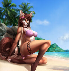 anthro beach bikini breasts cameltoe canid canine clothing elvofirida female looking_at_viewer mammal nipple_bulge pokies seaside smile solo swimsuit thick_thighs