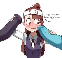 2boys ? akko_kagari atsuko_kagari blush brown_eyes brown_hair commission english_text female highres kagari_atsuko little_witch_academia long_brown_hair long_hair long_sleeves multiple_boys multiple_penises open_mouth penis penis_on_cheek penis_on_face penis_poking_cheek polyle precum solo_focus speech_bubble studio_trigger sweat text uncensored upper_body