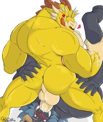 2boys anthro anus ass balls blush boner castrodour cum cum_in_mouth cum_inside dragon erection forced forced_oral gay heart hi_res horn krampus_(tokyo_afterschool_summoners) male male/male male_only muscular muscular_male nude ophion oral sex tokyo_afterschool_summoners tongue tusks video_games yaoi