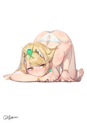 absurdres ass bangs blonde_hair blush breasts closed_mouth commentary_request dated female full_body gorgeous_mushroom headpiece heart_cutout highres large_breasts long_hair looking_at_viewer lying mythra_(xenoblade) nose_blush panties revision signature simple_background solo swept_bangs tiara top-down_bottom-up topless underwear underwear_only white_background xenoblade_(series) xenoblade_chronicles_2 yellow_eyes