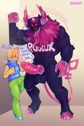 2_horns 2_toes 4_fingers absurd_res anthro balls big_penis black_body black_fur blue_clothing blue_topwear bodily_fluids bottomwear bulge canon_couple clothed clothed_male clothing demon dialogue duo erection feet fingers forsaken_(roblox) fully_clothed fur genital_fluids genitals glans glistening glistening_genitalia glistening_horn glistening_penis glistening_tongue green_bottomwear green_clothing guest_666_(forsaken) hat hat_only headgear headgear_only headwear headwear_only heart_symbol hi_res hooves horn human humanoid_genitalia humanoid_penis hybrid_genitalia hybrid_penis kabedon knot knotted_humanoid_penis knotted_penis long_tail long_tongue looking_at_genitalia looking_at_penis male male/male mammal mokkat mostly_nude mostly_nude_anthro muscular muscular_anthro neck_tuft nonbinary_(lore) noob_(forsaken) noob_(roblox) open_mouth penile_spines penis precum red_body red_fur red_tail robloxian size_difference sleeveless_shirt standing tail toes tongue topwear tuft unguligrade