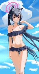 animal_ears armpit_crease back-tie_bikini bare_shoulders bikini black_hair blue_archive blush breasts cat_ears cat_girl cloud collarbone cute_fang fangs female frilled_bikini frills gluteal_fold halo halterneck hand_up highres long_hair looking_at_viewer miniskirt navel outdoors rain_sorrow red_eyes serika_(blue_archive) serika_(swimsuit)_(blue_archive) skin_fang skirt sky small_breasts smile solo standing swimsuit thighs twintails underboob