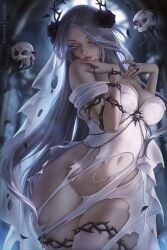blue_eyes breasts cleavage dress echo_(olchas) female female_only flower grey_hair large_breasts long_hair navel olchas original_character servo-skull skull smile solo thighhighs thorns torn_clothes white_dress
