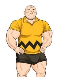 1boy aged_up bald banjyaku bara beard_stubble beefy biceps big_bulge big_nose black_eyes blush broad_shoulders buff bulge bulge_through_clothing charlie_brown childhood_ruined cute dad_bod dadbod daddy dilf gay hand_on_waist hi_res hunk looking_at_viewer male male_only manly mature_male moustache muscles muscular muscular_arms muscular_legs muscular_male muscular_thighs no_sclera peanuts quadriceps round_head smile solo standing thick thick_arms thick_legs thick_neck thick_thighs tough_guy triceps white_background yaoi yellow_clothing