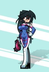 1girls bdrilo_k black_hair bodysuit camel_toe cameltoe cosplay d.va_(cosplay) female female_only juna_guerrero overwatch overwatch_2 pin_up semi-cosplay solo source_request suggestive_pose