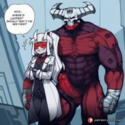 1boy abs ai_generated balls bandaged_arm bandages barcode barcode_tattoo colored_skin crossed_arms demon demon_boy demon_girl demon_horns demon_tail english_text erection female formal goggles grin height_difference helltaker horns huge_cock lab_coat large_penis long_hair loremaster_(helltaker) male mechanical_arms muscular muscular_male necktie nude pants penis ponytail prosthesis red-tinted_eyewear red_shirt red_skin shirt smile speech_bubble standing straight suit sunglasses tail tattoo teeth testicles tillian tinted_eyewear uncensored white_hair white_horns
