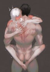 2boys arms_around_neck arms_around_partner berserk bigger_male biting_neck black_hair bleeding blood blood_sundae blush blushing blushing_profusely carrying carrying_partner color colored gay gay_sex griffith guts impact_lines implied_anal implied_penetration leg_lock leglock light-skinned_male light_skin long_hair male male/male male_only motion_lines muscular muscular_male scratch_marks scratches scratching short_hair size_difference smaller_male stand_and_carry_position standing standing_missionary standing_sex tears_of_pleasure twink white_hair yaoi