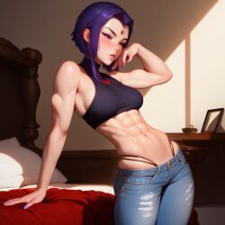 abs ai_generated arched_back breasts crop_top female forehead_jewel high_waisted_thong hip_dips hips_thrust_forward jeans lowrise_jeans medium_breasts muscular muscular_female purple_eyes purple_hair raven_(dc) teen_titans toned_female triceps