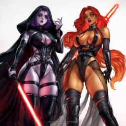 1:1 2girls big_breasts blondynkitezgraja breasts btg btg_art cameltoe dark-skinned_female dc dc_comics female female_only green_eyes large_breasts lightsaber long_hair multiple_females multiple_girls pale-skinned_female purple_eyes purple_hair pussy raven_(dc) red_hair red_lightsaber short_hair sith sith_lady star_wars starfire starfire_(teen_titans) teen_titans