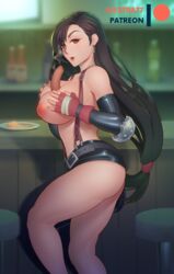 areolae artist_name big_breasts black_hair breasts clothing curvy elbow_gloves female female_only final_fantasy final_fantasy_vii food hair large_breasts long_hair mystra77 nipples patreon_logo puffy_nipples solo square_enix thick_thighs tifa_lockhart video_games watermark