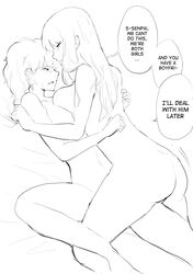 2d 2girls absurdres asymmetrical_docking bed_sheet black_eyes blush breast_press breast_size_difference breasts closed_eyes commentary dialogue english_commentary female female_focus female_only highres huge_breasts large_breasts lesbian long_hair lying lynus messy_hair monochrome motion_lines multiple_girls naoko-san naoko_(9113419) navel nipples nude nude_female on_back on_bed open_mouth original sheet_grab short_hair sketch small_breasts speech_bubble sweat tearing_up yuri