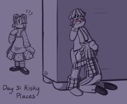 behind_view behind_wall blowjob blush confused confused_look dress fully_clothed hair_pulling half-dressed half_naked half_nude hand_in_hair hand_over_mouth kinktober lily-lilac male male/male non-human plaid_shirt raggedy_andy raggedy_ann raggedy_ann_(character) risky_nudity risky_sex self_upload toony uncle_clem