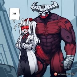 1boy ai_generated balls bandaged_arm bandages barcode black_necktie coat colored_skin crossed_arms demon demon_boy demon_girl demon_horns demon_tail english_text erection female formal goggles hand_on_another's_head height_difference helltaker horns lab_coat large_penis long_hair loremaster_(helltaker) male mechanical_arms muscular muscular_male necktie nude open_mouth pants penis penis_awe precum red-tinted_eyewear red_eyes red_shirt red_skin shirt smile speech_bubble standing straight suit tail tattoo teeth testicles tillian tinted_eyewear uncensored white_hair white_horns