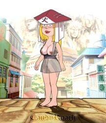 1girls american_dad animated barefoot black_eyes blonde_hair breasts breasts_out busty candy_roach cosplay crossover dress_lift feet female female_only francine_smith headdress legs lipstick naruto naruto_(series) naruto_shippuden nipples outdoors penis_rick pussy solo tattoo toes tsunade_(cosplay) vagina yellow_hair