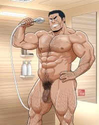 1boy abs arm_hair armpits arms_up artist_signature ass_visible_through_thighs balls banjyaku bara beard_stubble beefy biceps big_abs big_areola big_breasts black_eyes black_hair boku_no_hero_academia breasts breasts_bigger_than_head broad_shoulders ceiling censored censored_balls censored_penis chest_hair collarbone daddy dark_penis dilf eight_pack excessive_pubic_hair flaccid foreskin frown gay grin hairy hand_on_waist happy_trail hi_res holding_object hunk indoors iwao_oguro knuckleduster_(my_hero_academia) leg_hair looking_at_viewer male male_only manly mature_male mirror mosaic_censoring muscles muscular muscular_arms muscular_legs muscular_male muscular_neck muscular_thighs my_hero_academia navel pecs penis pubic_hair quadriceps retracted_foreskin scar scar_on_face scar_on_neck shampoo short_hair shower_head shower_room six_pack solo standing thick thick_arms thick_eyebrows thick_legs thick_neck thick_thighs tough_guy triceps uncircumcised uncut v-shaped_eyebrows vent vigilante:_my_hero_academia_illegals yaoi