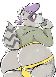 1other 2026 anthro balls ballsack bulge commission commissioner_upload daryl_(cringebird) drinking drinking_from_can ear_piercing energy_drink furry hoodie industrial_piercing janjauwu jockstrap looking_at_viewer looking_back nonbinary nonbinary_(lore) piercing purple_hair raccoon tagme