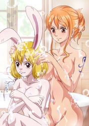 2girls accurate_art_style anthro areola bathing bathtub blonde_hair breasts brook bubble carrot_(one_piece) covering covering_breasts duo_focus ear_piercing eyelashes female female_focus female_only ghost group hair hair_bun human human_on_anthro inside lagomorph mammal nami navel nude one_piece orange_hair piercing post-timeskip rabbit raida_(j5einmnjp3r49k6) sitting spirit tattoo wet yuri